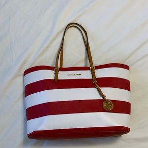 Michael Kors Red & White Stripe Leather Tote Bag